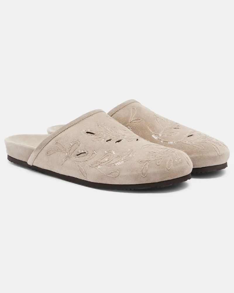 Brunello Cucinelli Slippers aus Veloursleder mit Pailletten Beige