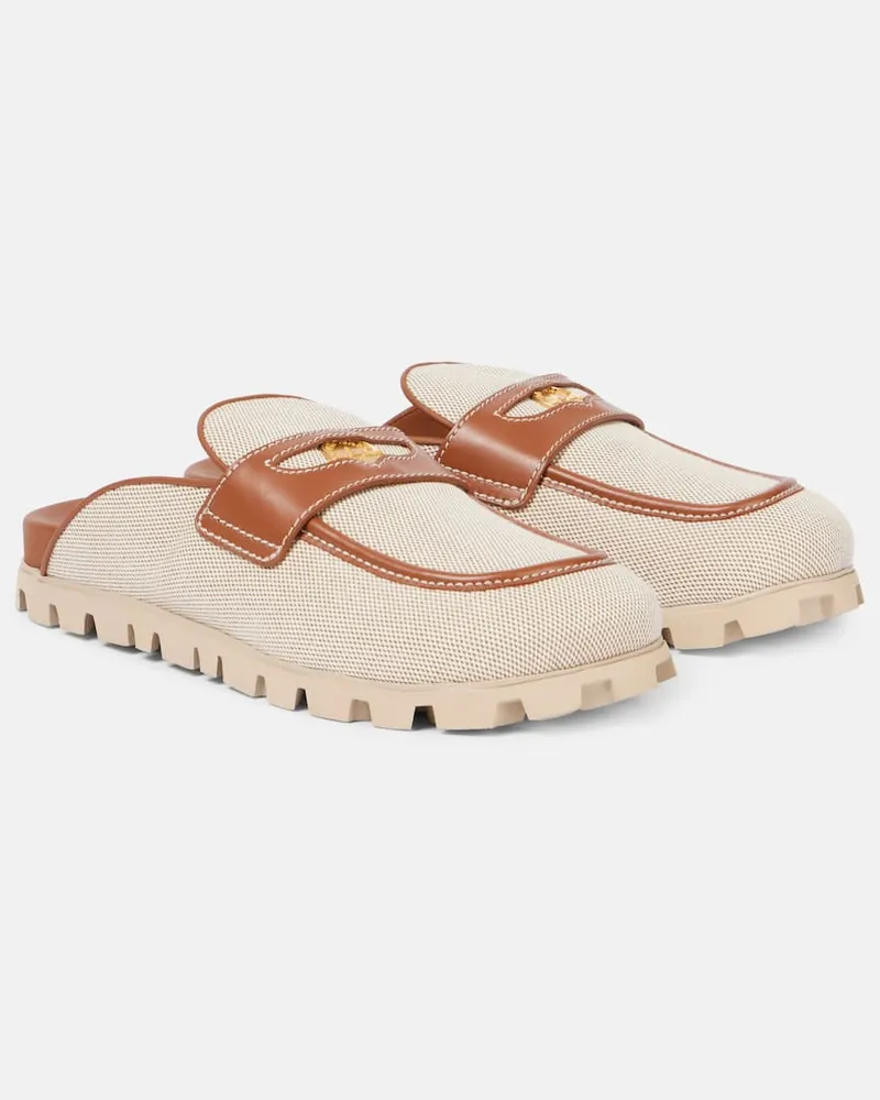 Miu Miu Slippers aus Canvas mit Leder Beige
