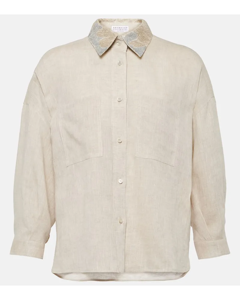 Brunello Cucinelli Verziertes Hemd aus Leinen Beige