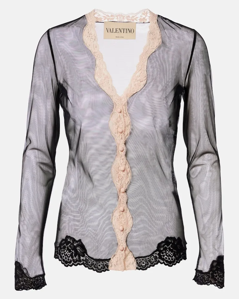 Valentino Garavani Hemd aus transparentem Mesh mit Spitze Schwarz