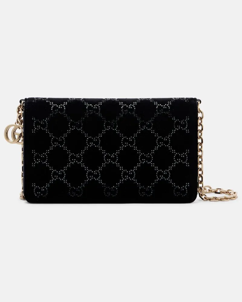 Gucci Portemonnaie mit Kettenriemen GG Crystal aus Samt Schwarz