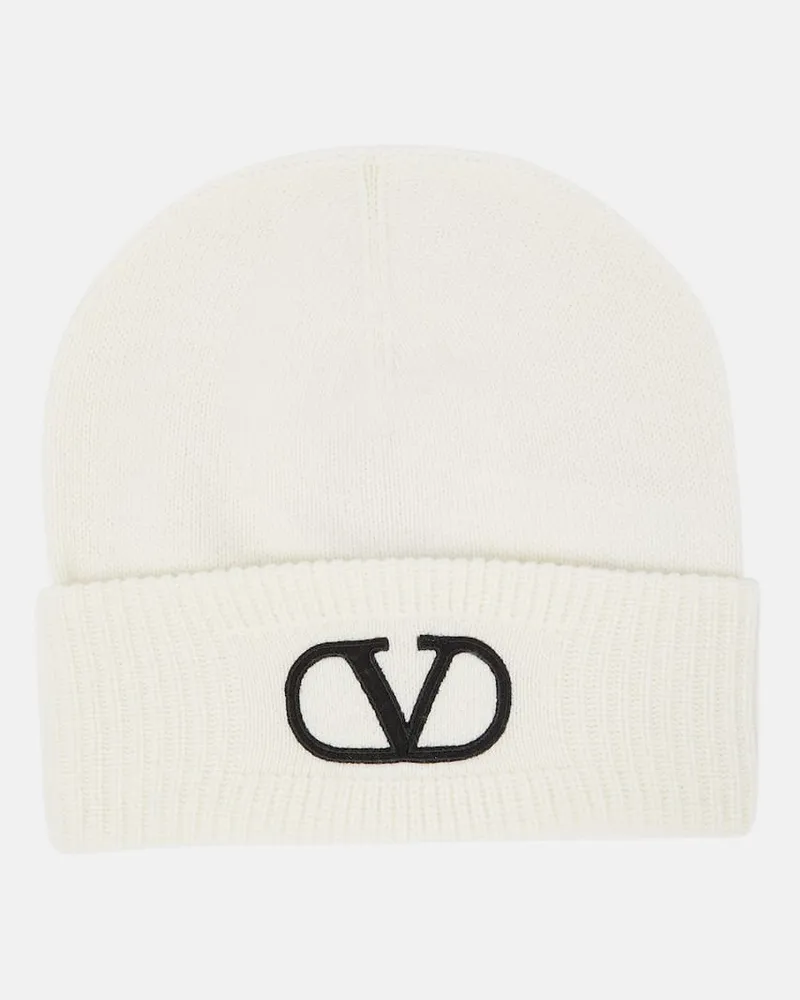 Valentino Garavani Bestickte Beanie VLogo aus Schurwolle Weiss