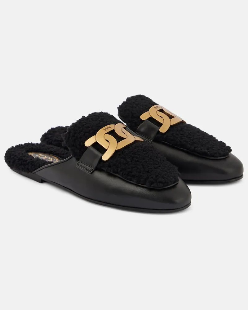 TOD'S Slippers Catena aus Shearling und Leder Schwarz