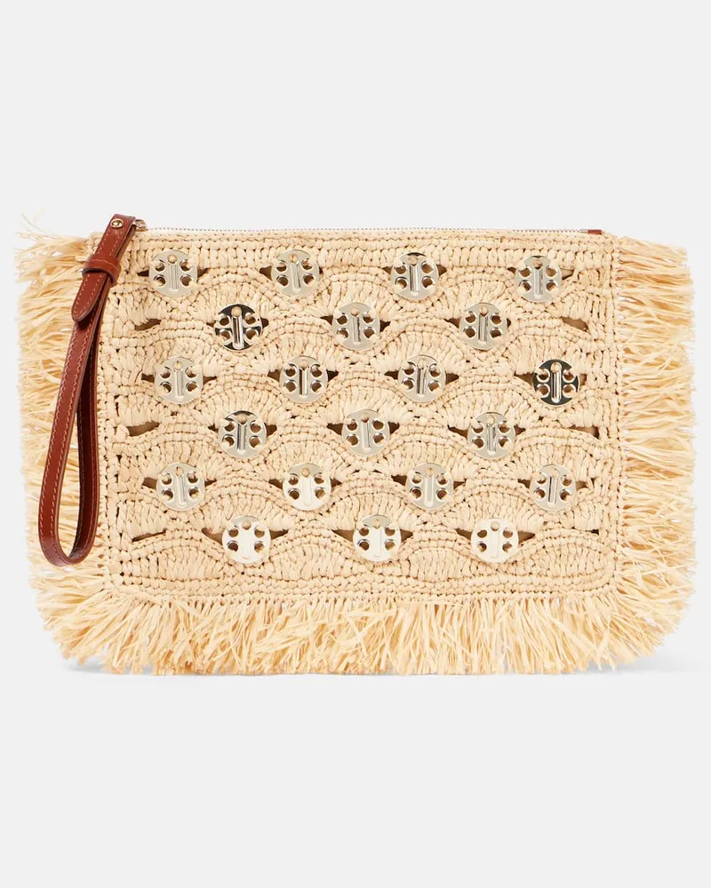 Paco Rabanne Verzierte Clutch aus Raffiabast Nude