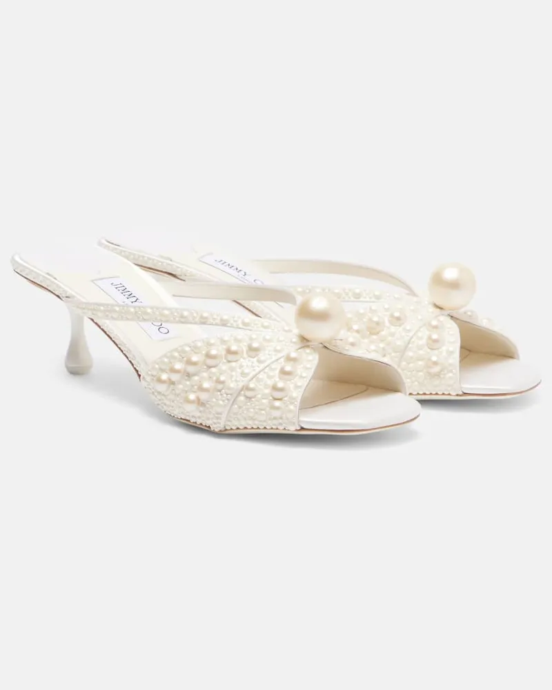 Jimmy Choo Verzierte Pantoletten Siva 50 aus Satin Weiß