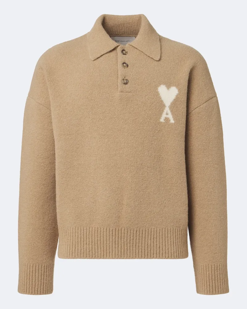 AMI Paris Polopullover Ami de Coeur aus Strick Beige