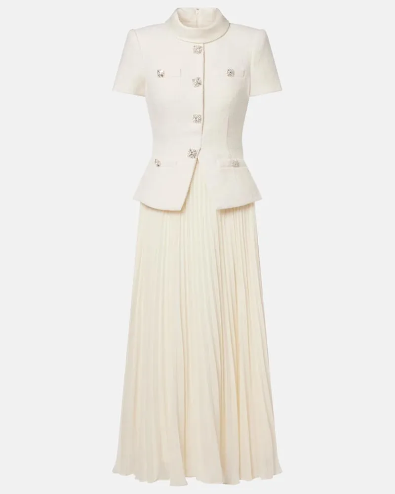 Self-Portrait Verziertes Midikleid aus Bouclé und Chiffon Weiß