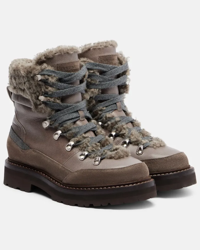 Brunello Cucinelli Ankle Boots aus Leder mit Shearling Beige