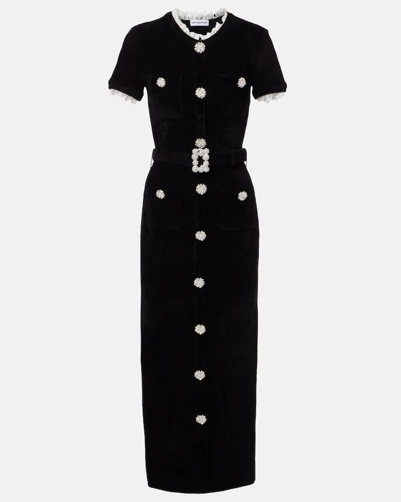 Self-Portrait Midikleid aus Chenille mit Spitze und Kristallen Schwarz