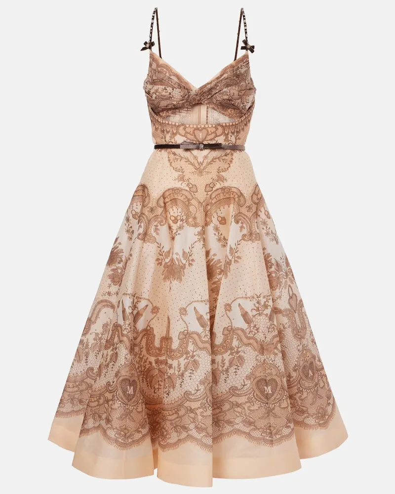 Zimmermann Midikleid Crush aus Leinen und Seide Nude