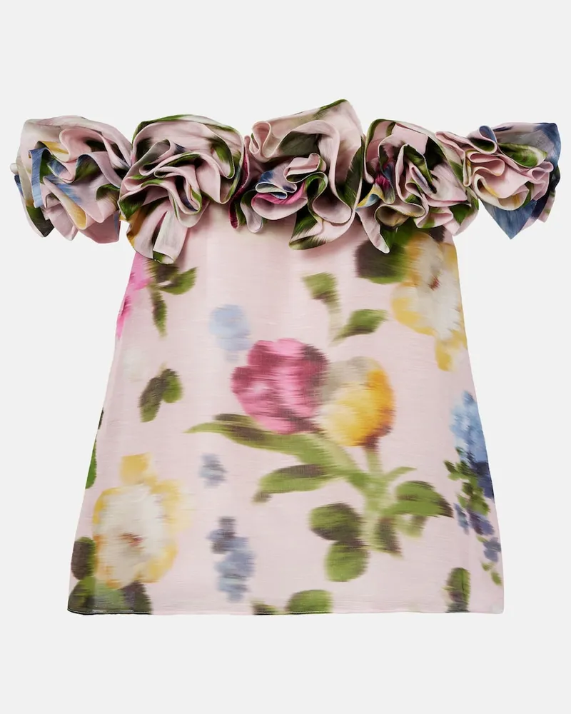 Carolina Herrera New York Bedrucktes Off-Shoulder-Top aus Seide und Leinen Rosa