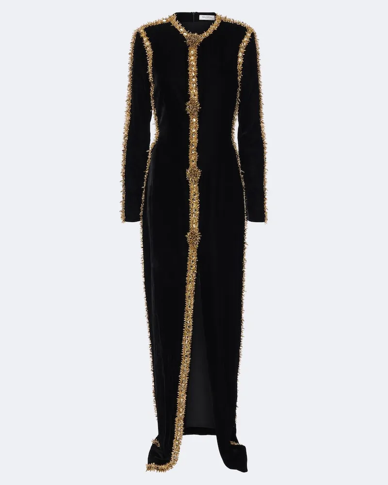 Balmain Verzierte Robe aus Samt Schwarz