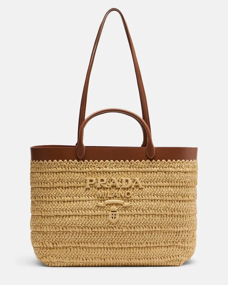 Prada Tote Bag Medium aus Raffiabast mit Leder Beige