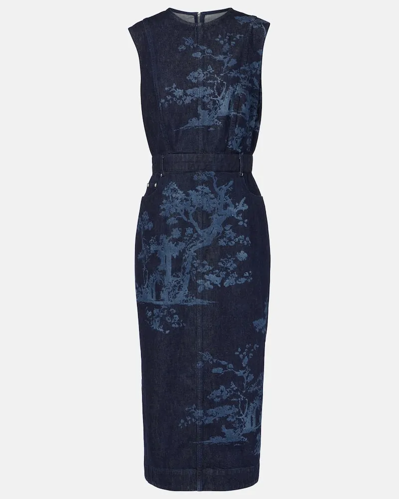 Erdem Besticktes Midikleid aus Baumwoll-Denim Blau