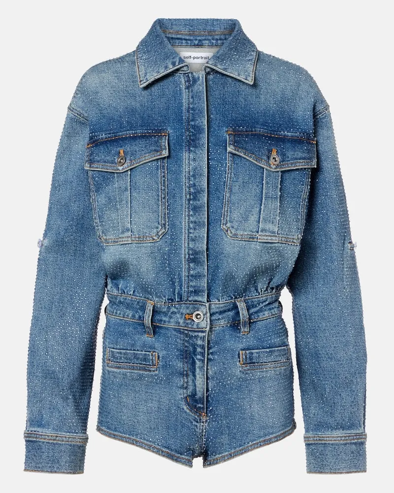 Self-Portrait Playsuit aus Denim mit Kristallen Blau