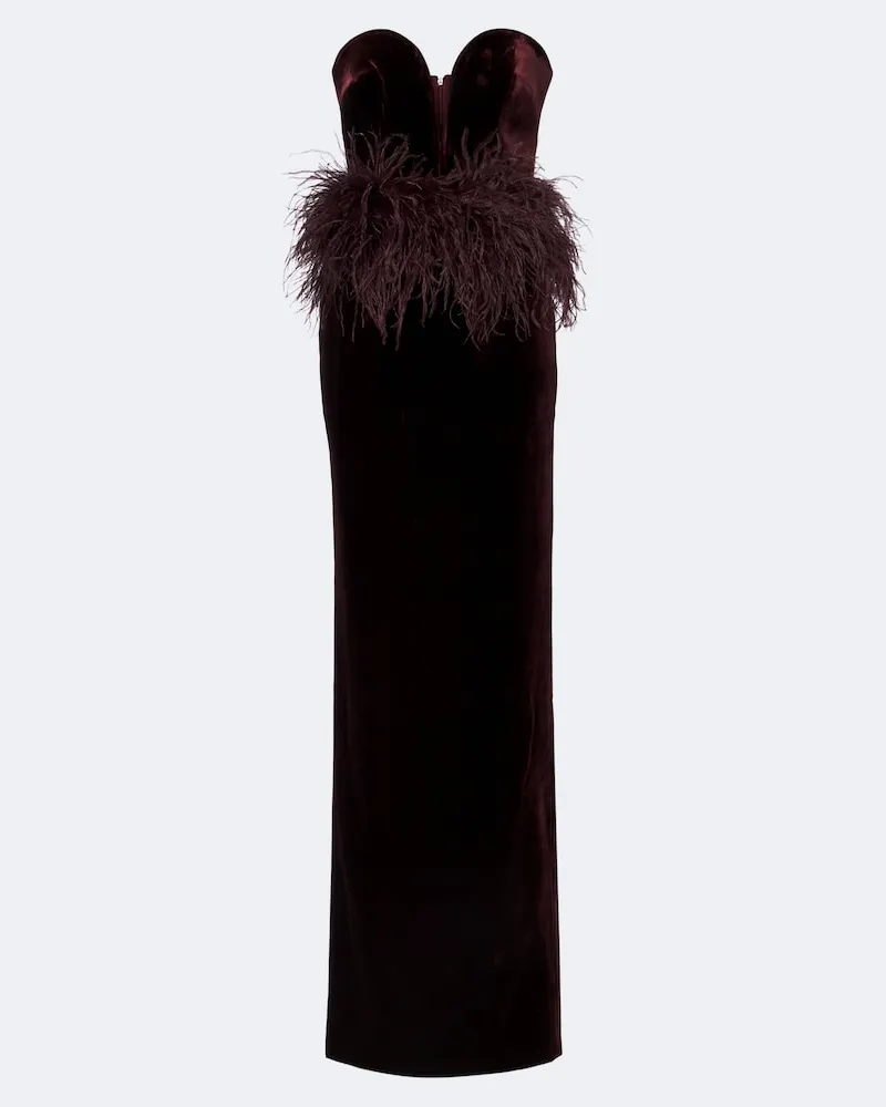 The New Arrivals Ilkyaz Ozel Robe aus Samt mit Federn Burgunderrot
