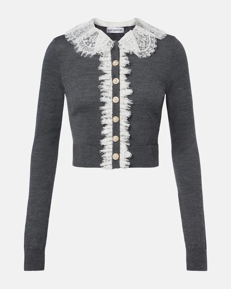 Self-Portrait Cardigan aus Wolle mit Spitze Grau