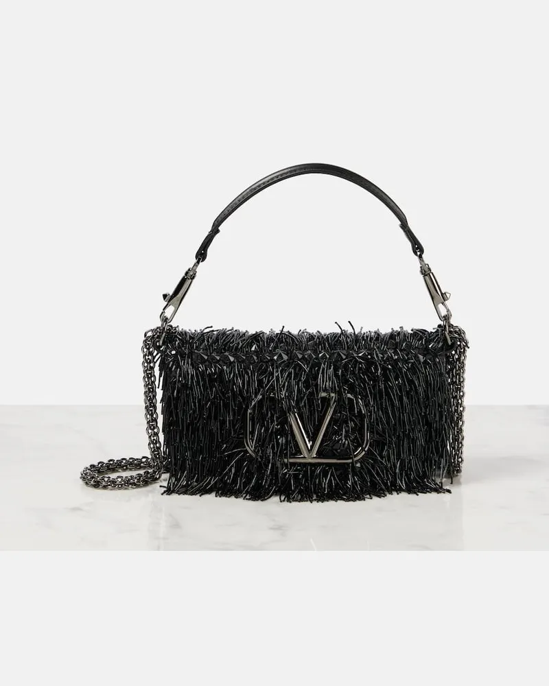 Valentino Garavani Verzierte Schultertasche Loco Small aus Leder Schwarz