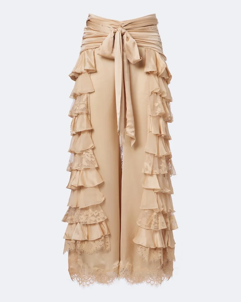 Zimmermann Weite Hose Valiant aus Seidenchiffon mit Spitze Beige