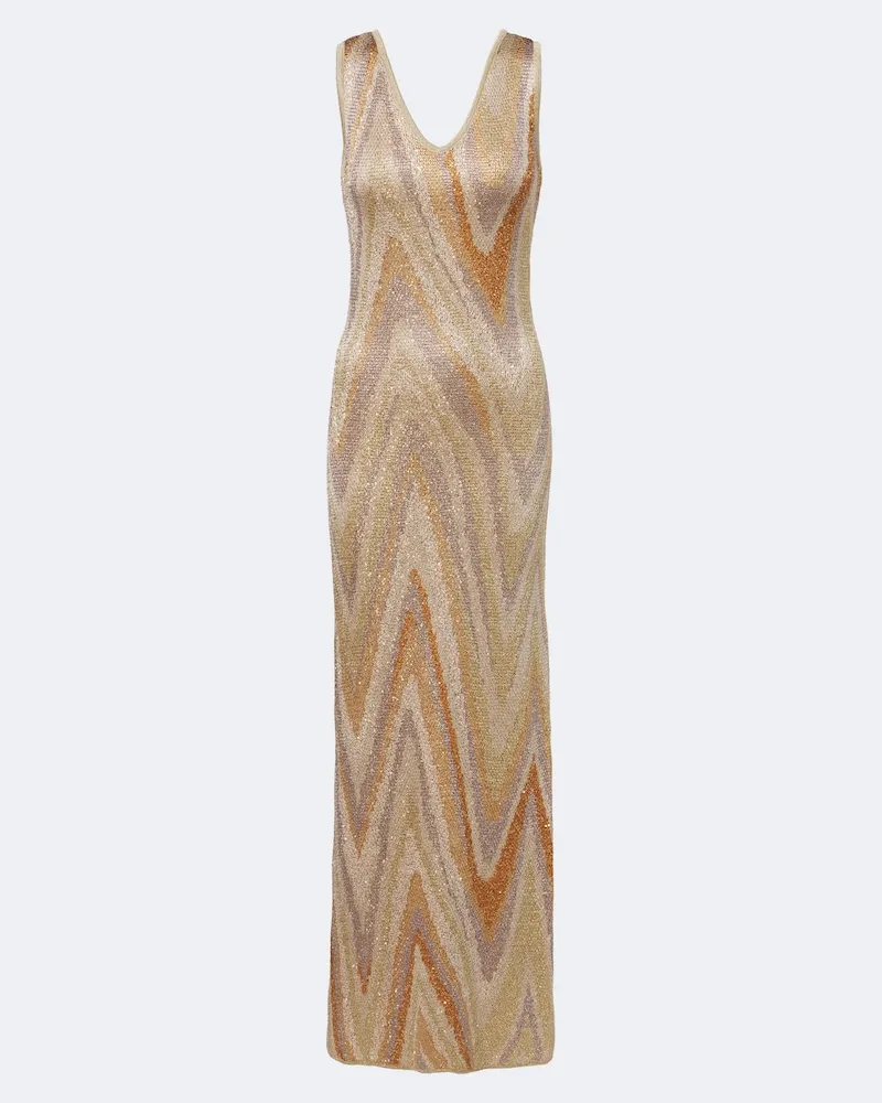 Missoni Maxikleid Zigzag aus Häkelstrick mit Pailletten Gold
