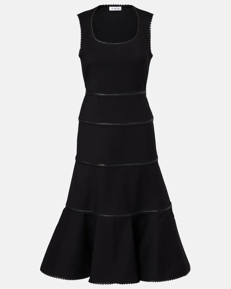 Alaïa Alaïa Midikleid aus Wolle mit Leder Schwarz
