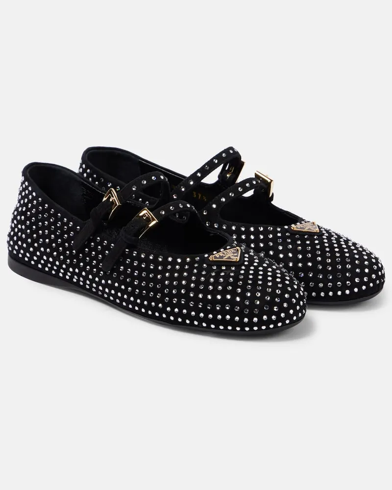 Prada Ballerinas aus Veloursleder mit Kristallen Schwarz