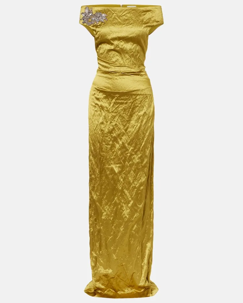 Erdem Off-Shoulder-Robe aus Satin mit Kristallen Gelb