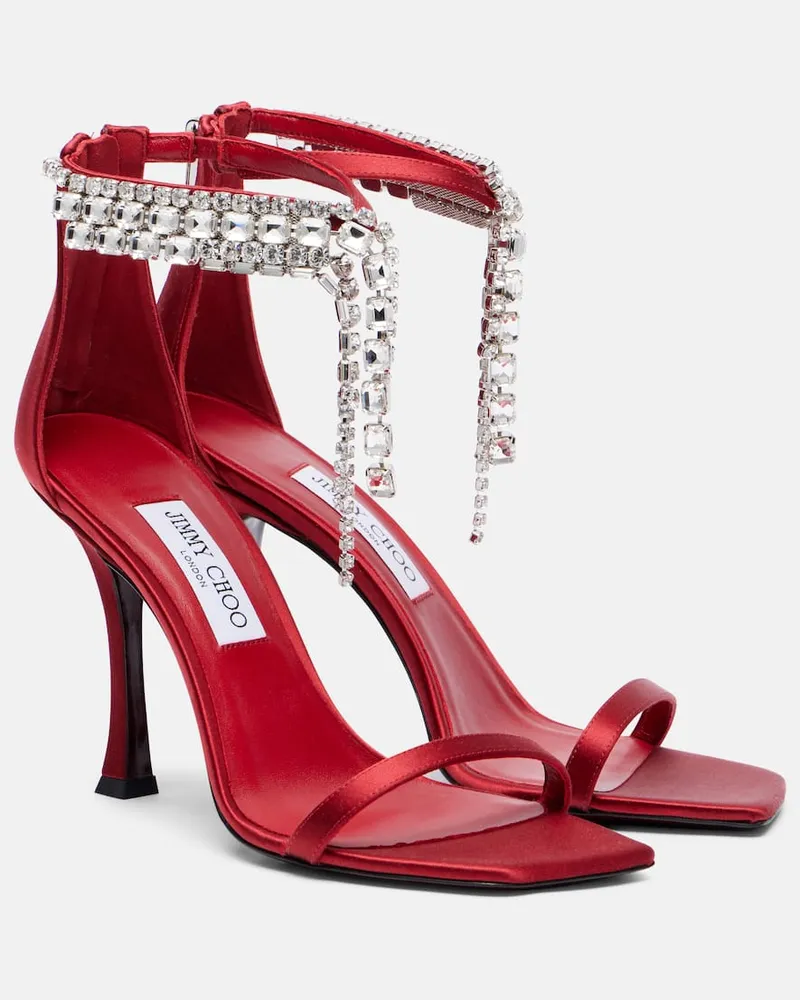Jimmy Choo Sandalen Verity 100 aus Satin mit Kristallen Rot