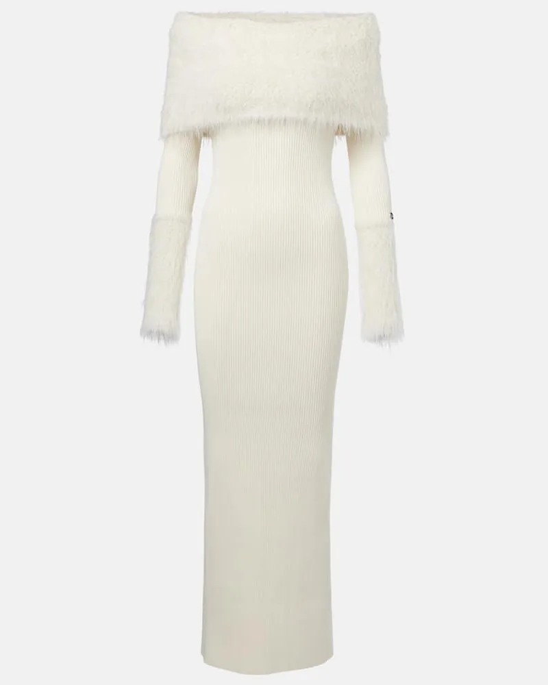 Jean Paul Gaultier Maxikleid aus Rippstrick mit Faux Fur Weiß