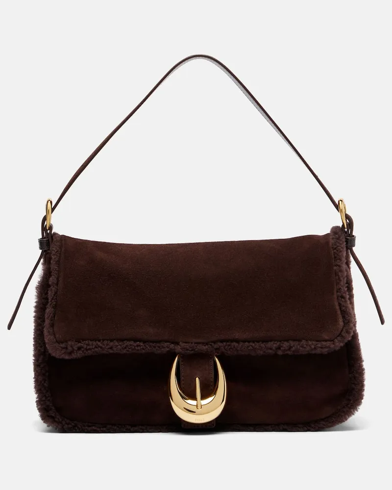 STAUD Schultertasche Harlow Medium aus Veloursleder Braun