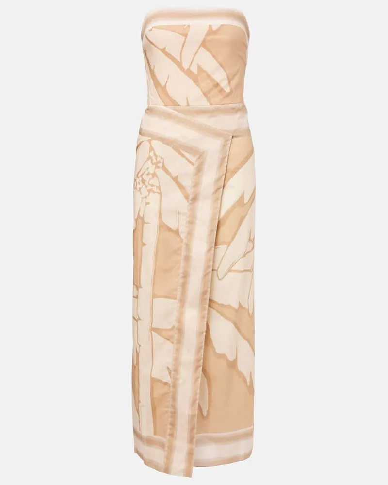Johanna Ortiz Midikleid Palms Pontoon aus Baumwollpopeline Beige