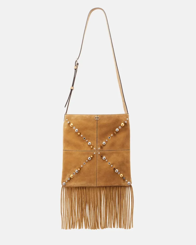 Valentino Garavani Schultertasche Nellcôte Medium aus Veloursleder Beige
