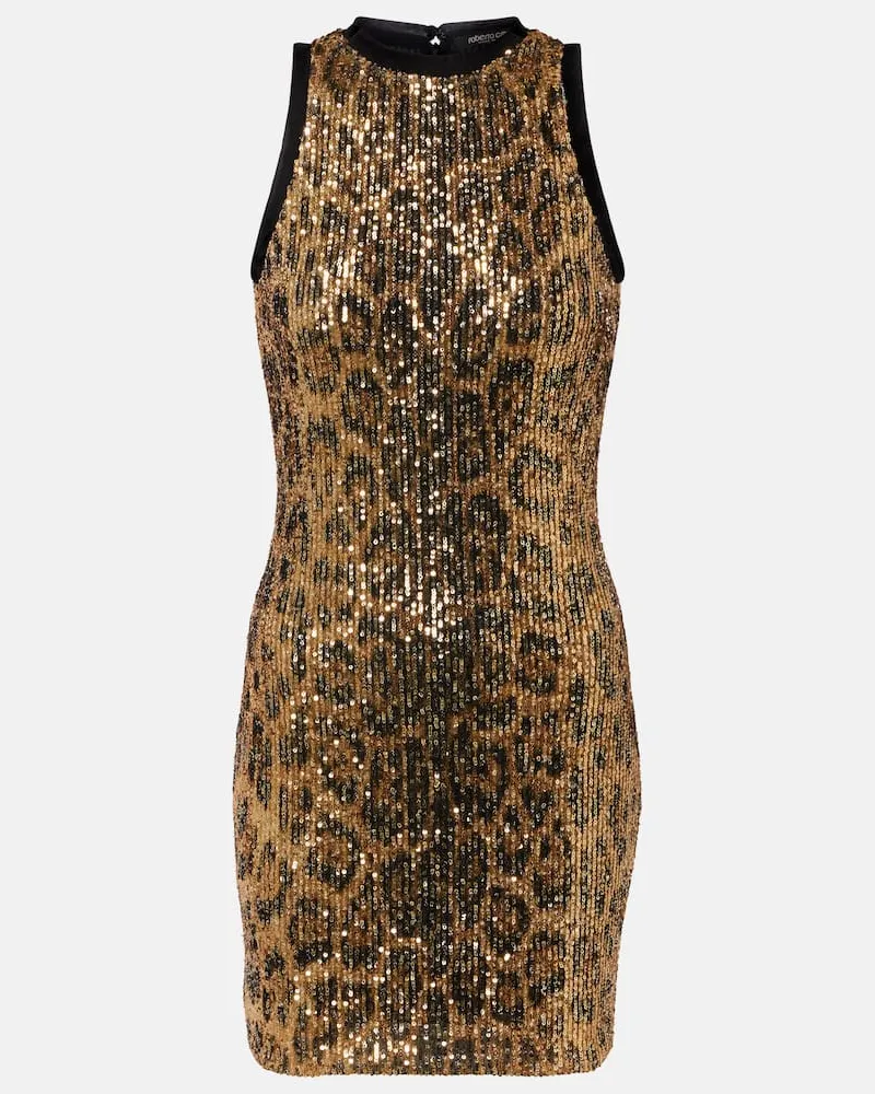 Roberto Cavalli Bedrucktes Minikleid mit Pailletten Braun