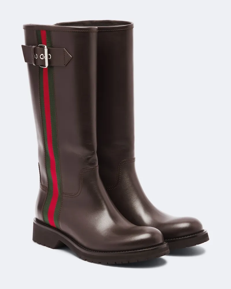 Gucci Biker-Boots Web Stripe aus Leder Braun