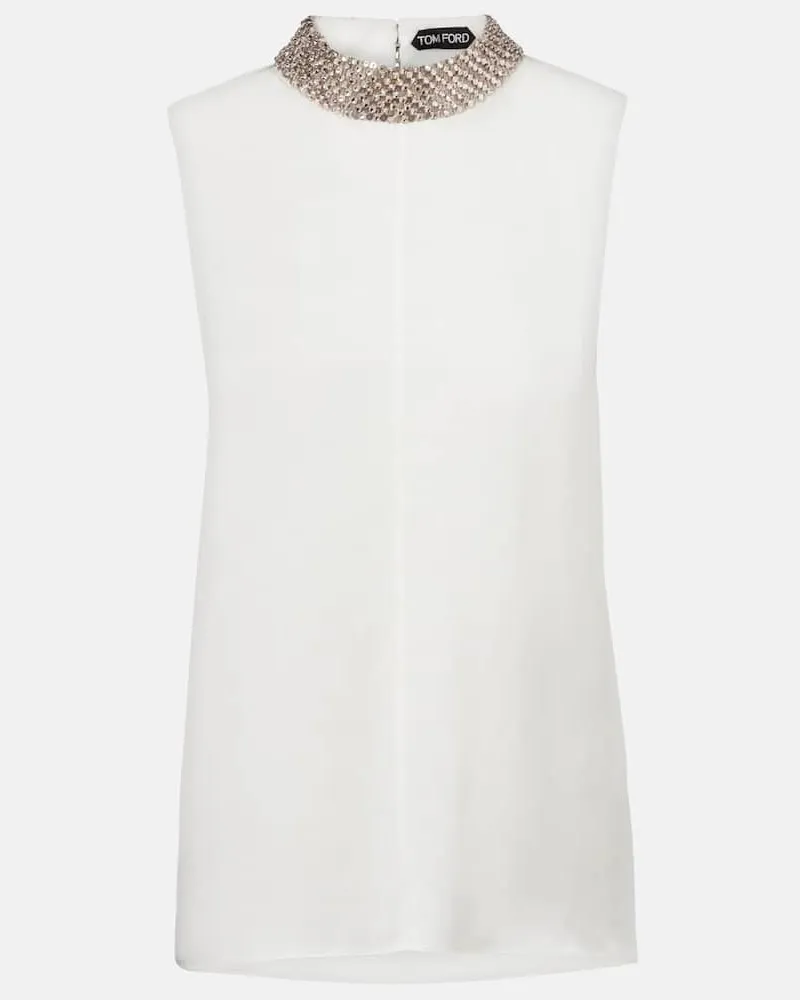 Tom Ford Top aus Seidensatin mit Kristallen Weiß
