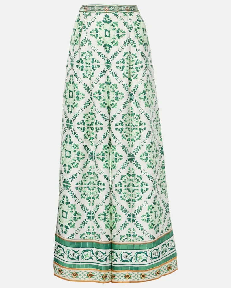 Camilla Bedruckte Palazzo-Hose aus Seide Weiß