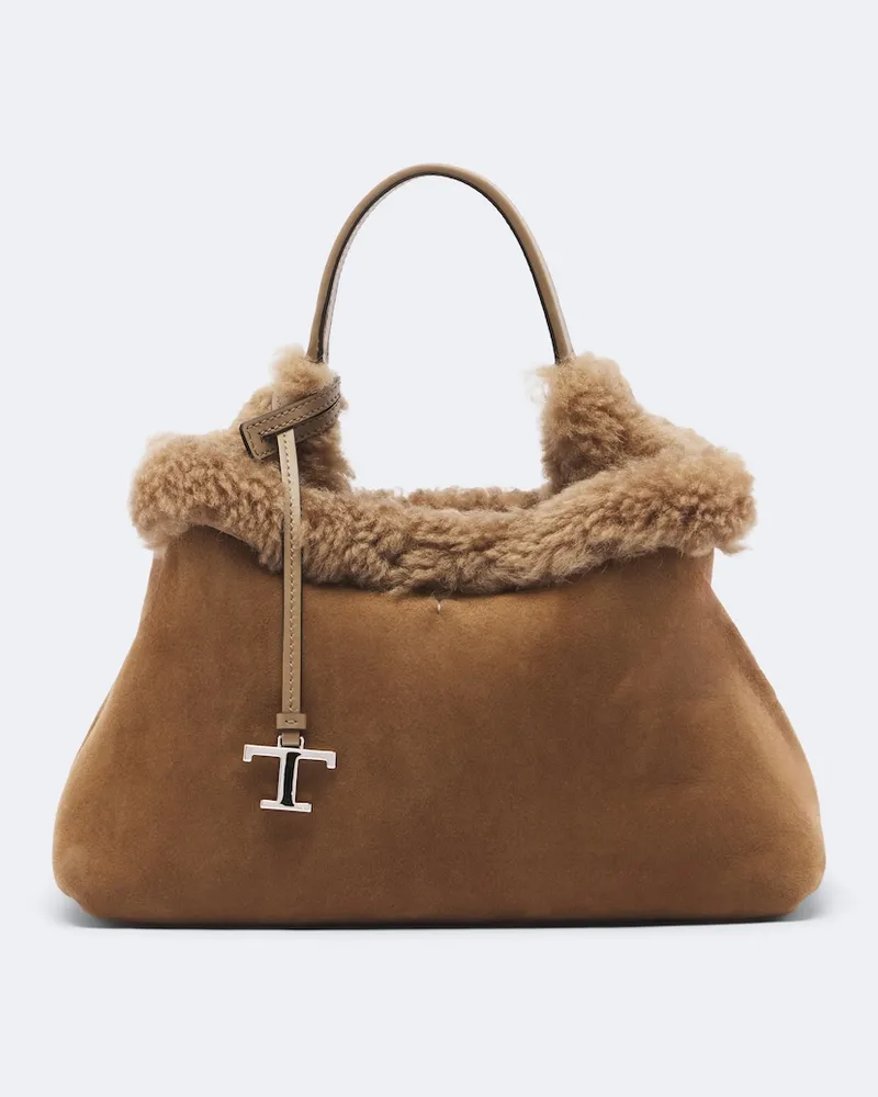 TOD'S Tote Bag T Timeless aus Veloursleder mit Shearling Braun