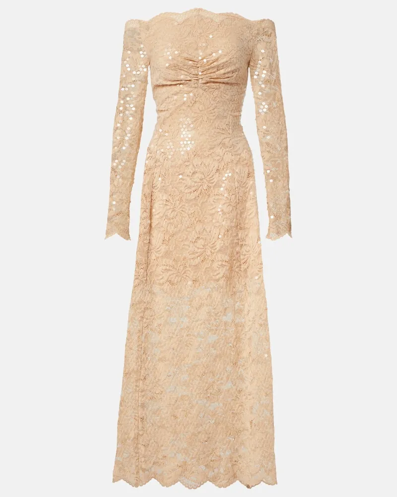 Paco Rabanne Off-Shoulder-Maxikleid aus Spitze mit Pailletten Beige