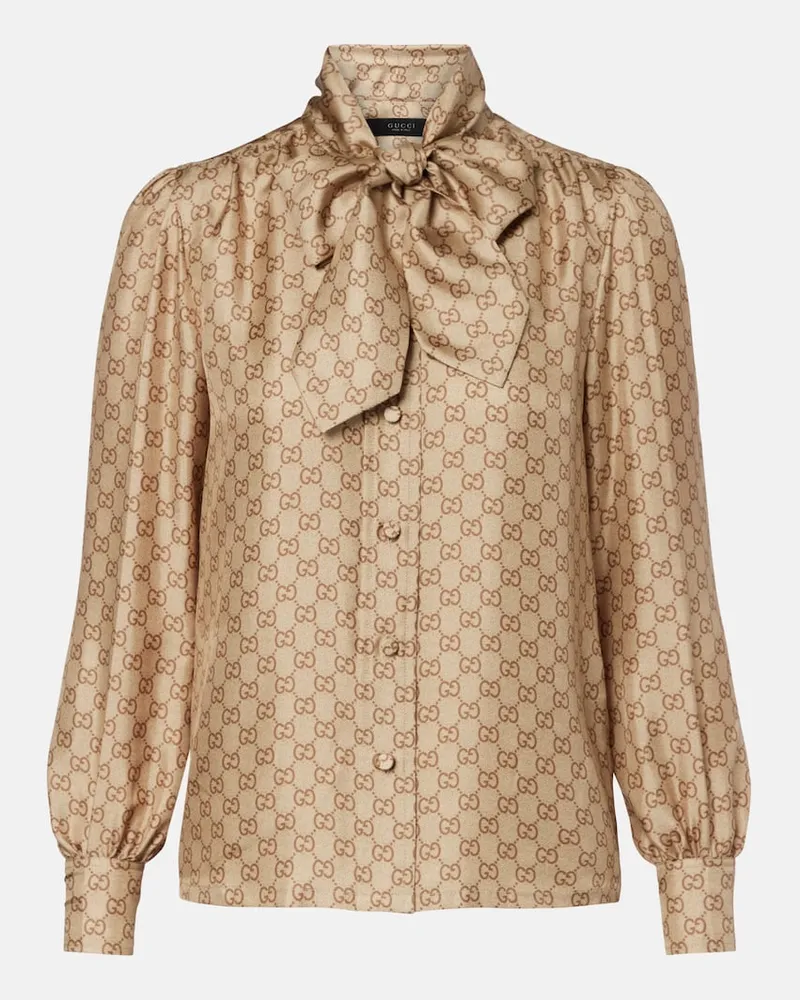Gucci Bedruckte Schluppenbluse GG aus Seiden-Twill Beige