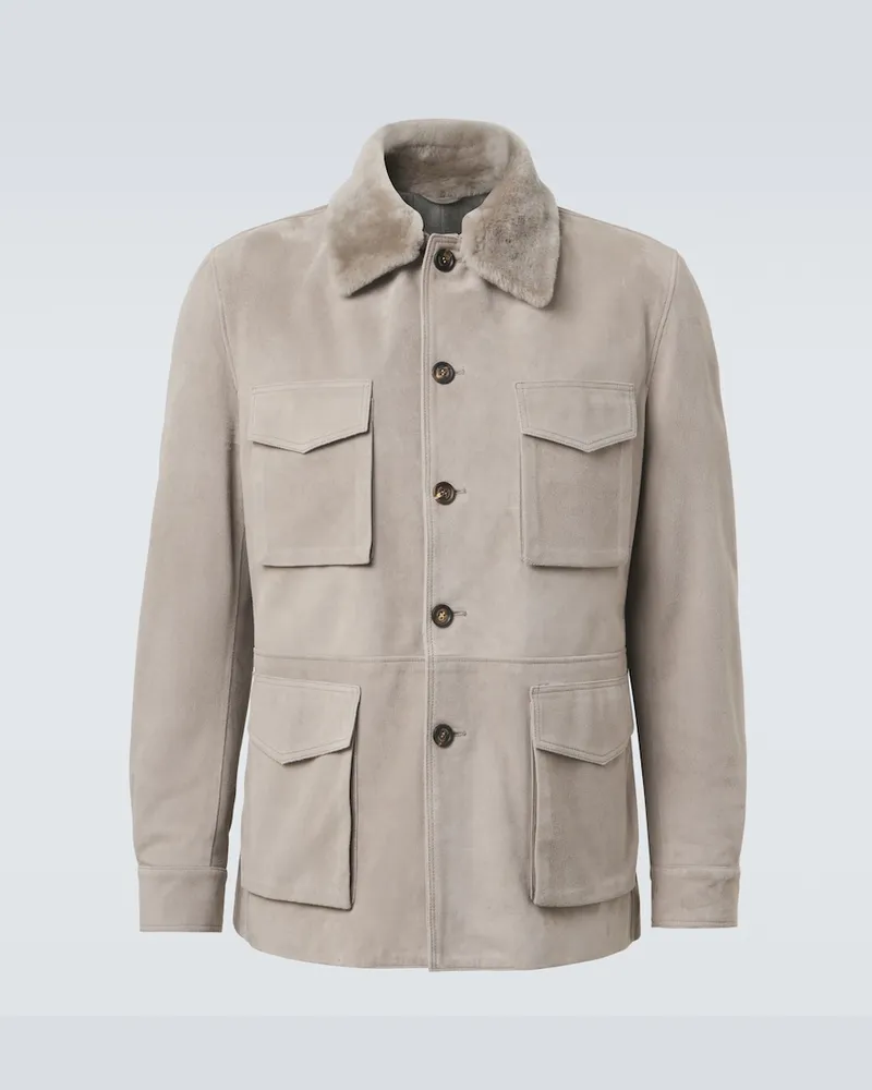 Eleventy Feldjacke aus Veloursleder mit Shearling Grün