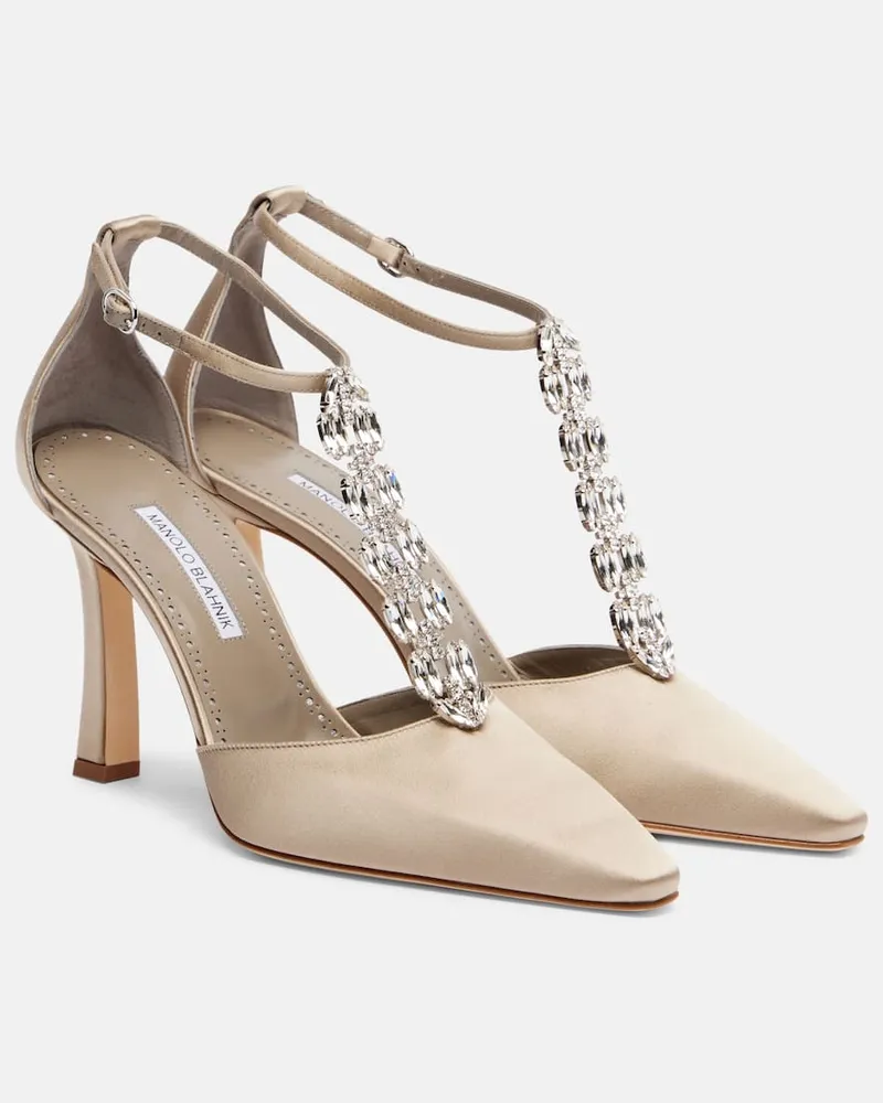Manolo Blahnik Pumps Molara aus Satin mit Kristallen Beige