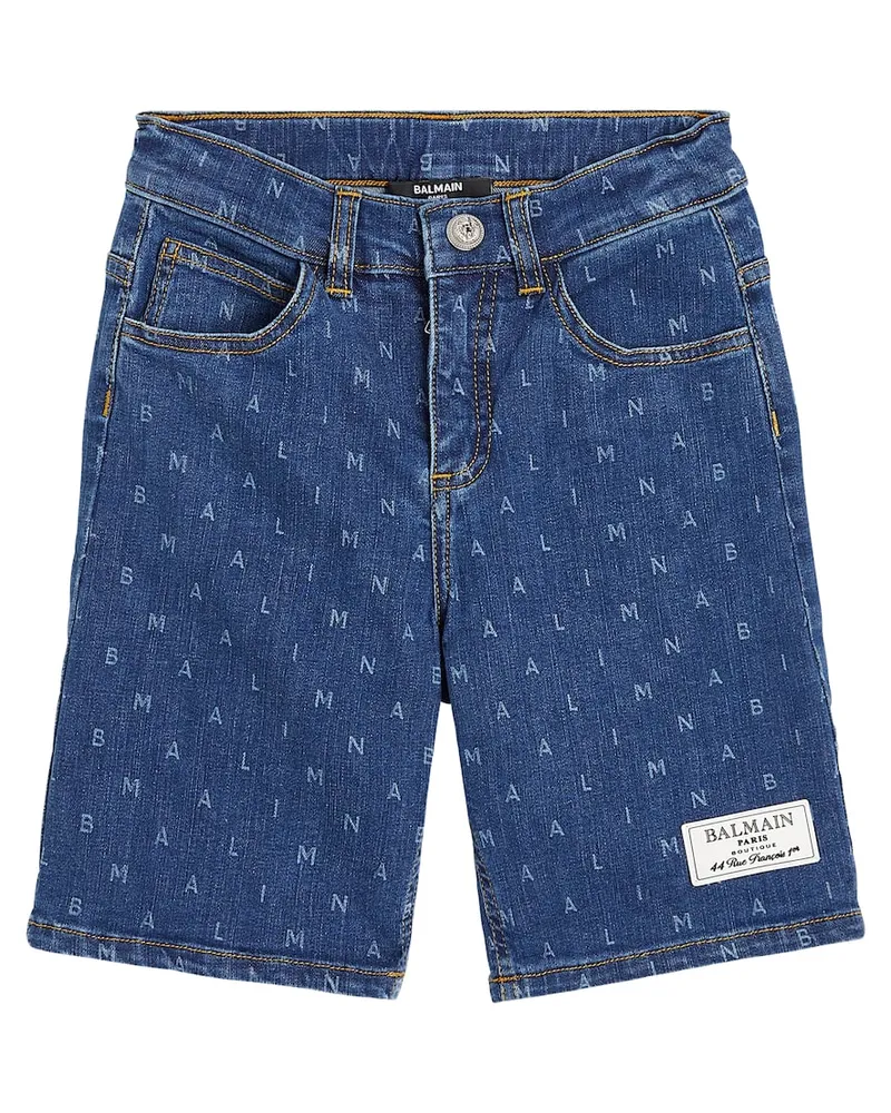 Balmain Bedruckte Jeansshorts Blau