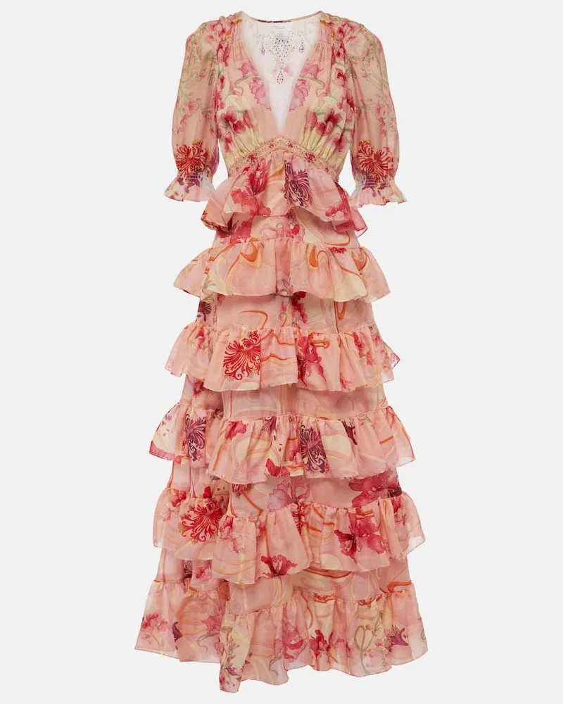 Camilla Verziertes Maxikleid aus Baumwolle und Seide Rosa