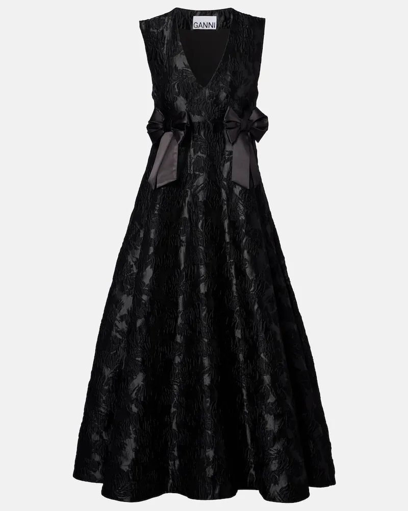 Ganni Midikleid aus Satin-Cloqué Schwarz