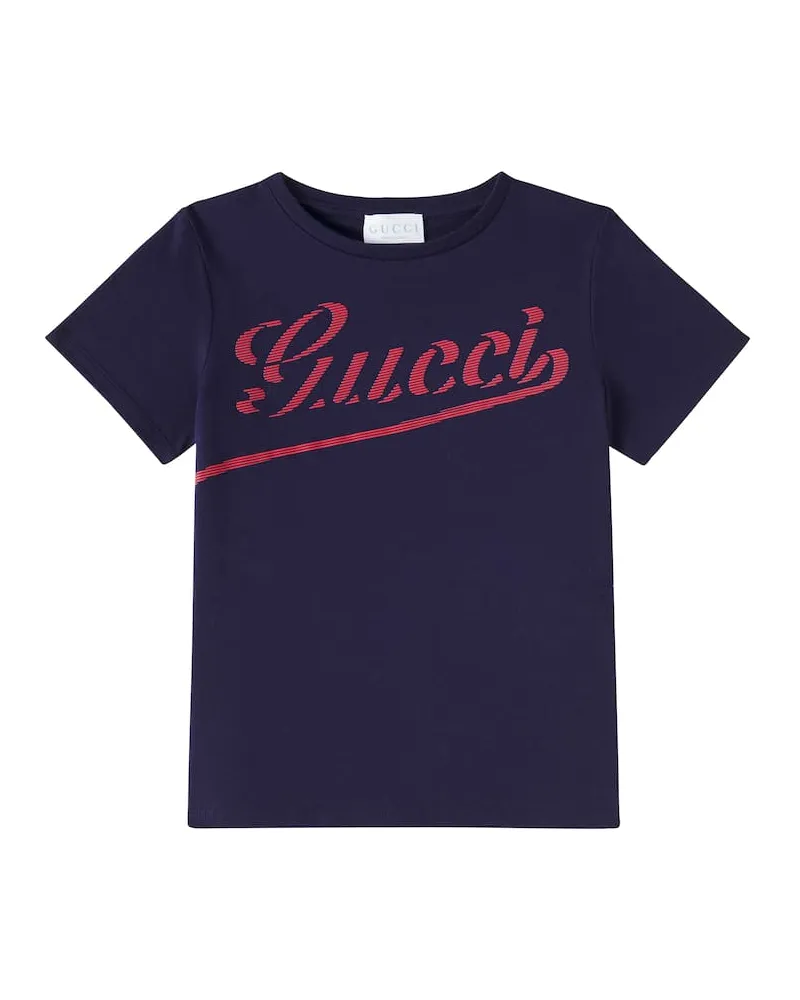 Gucci Bedrucktes T-Shirt aus Baumwoll-Jersey Blau
