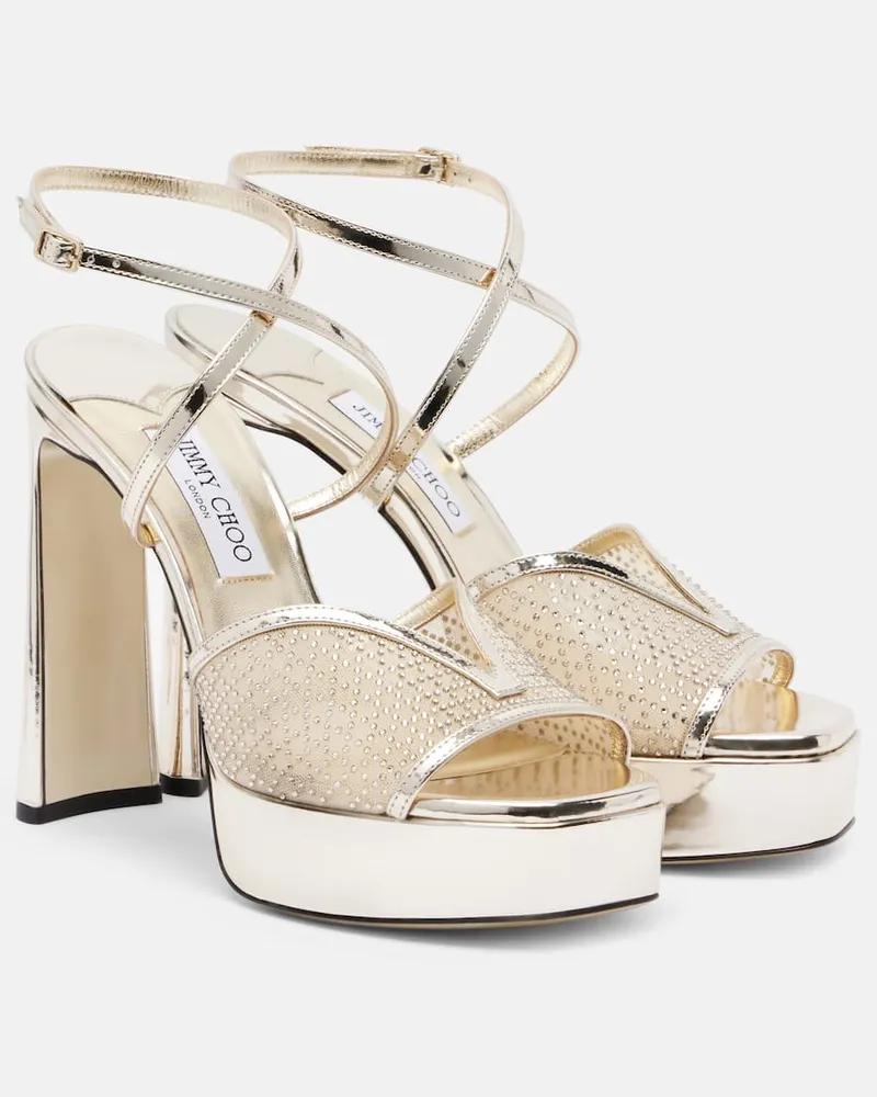 Jimmy Choo Verzierte Plateausandalen Karli 125 aus Metallic-Leder Gold