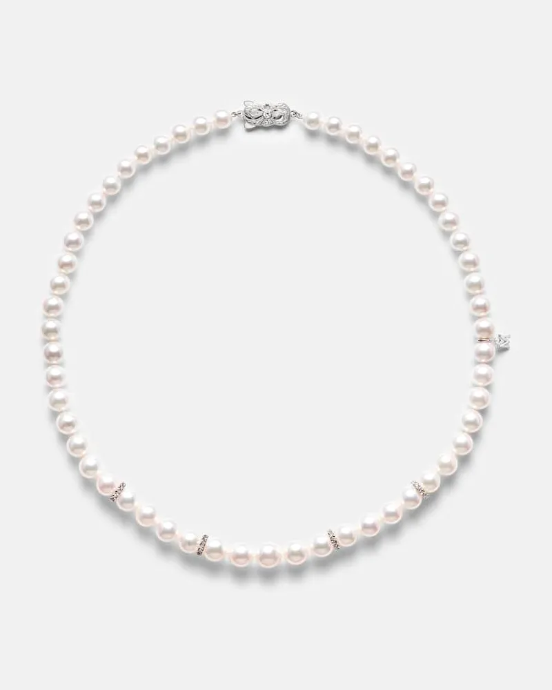 Mikimoto Halskette aus Akoyaperlen mit 18kt Weißgold und Diamanten Silber