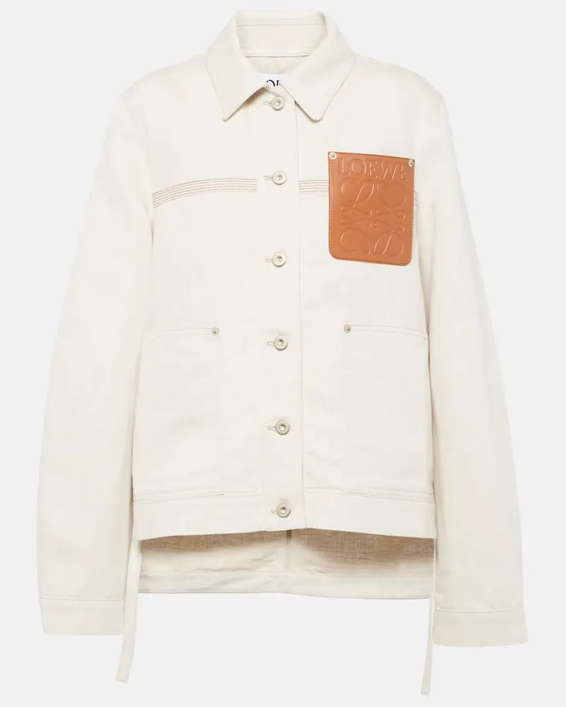 Loewe Hemdjacke aus Baumwolle und Leinen mit Leder Weiß