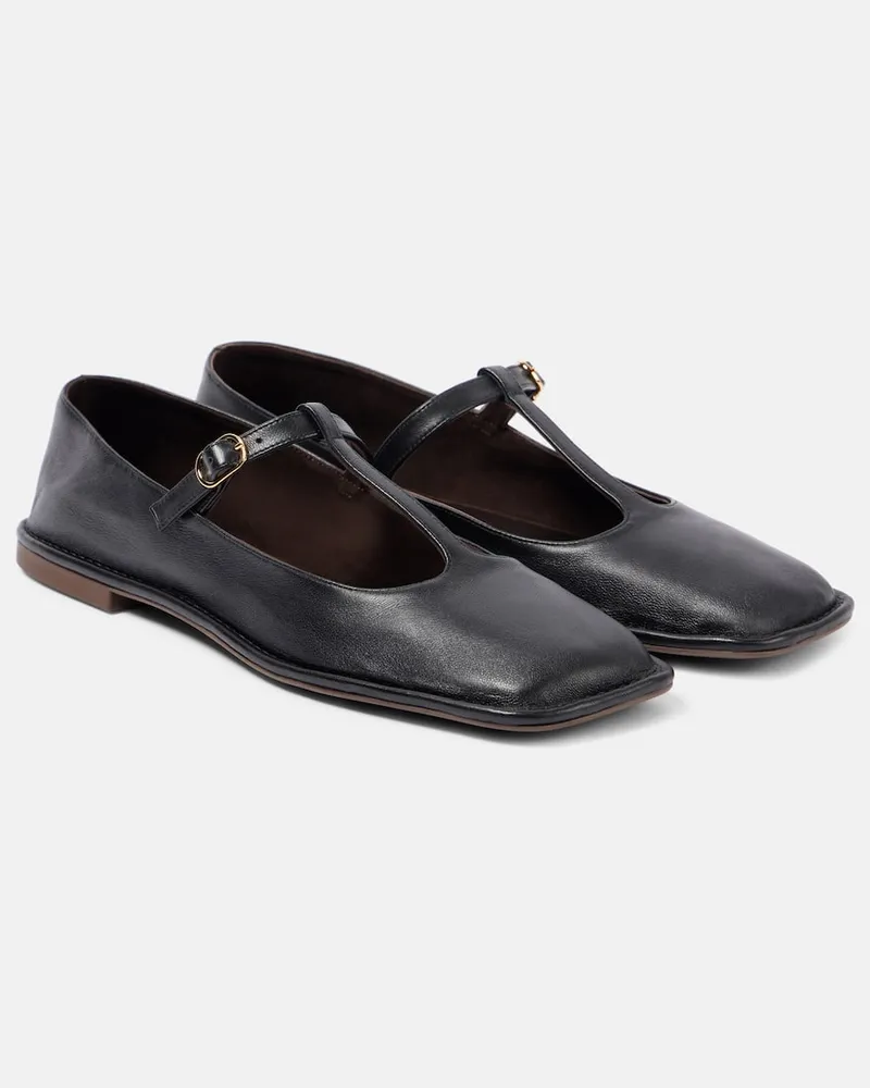 The Row Ballerinas Square T-Strap aus Leder Schwarz