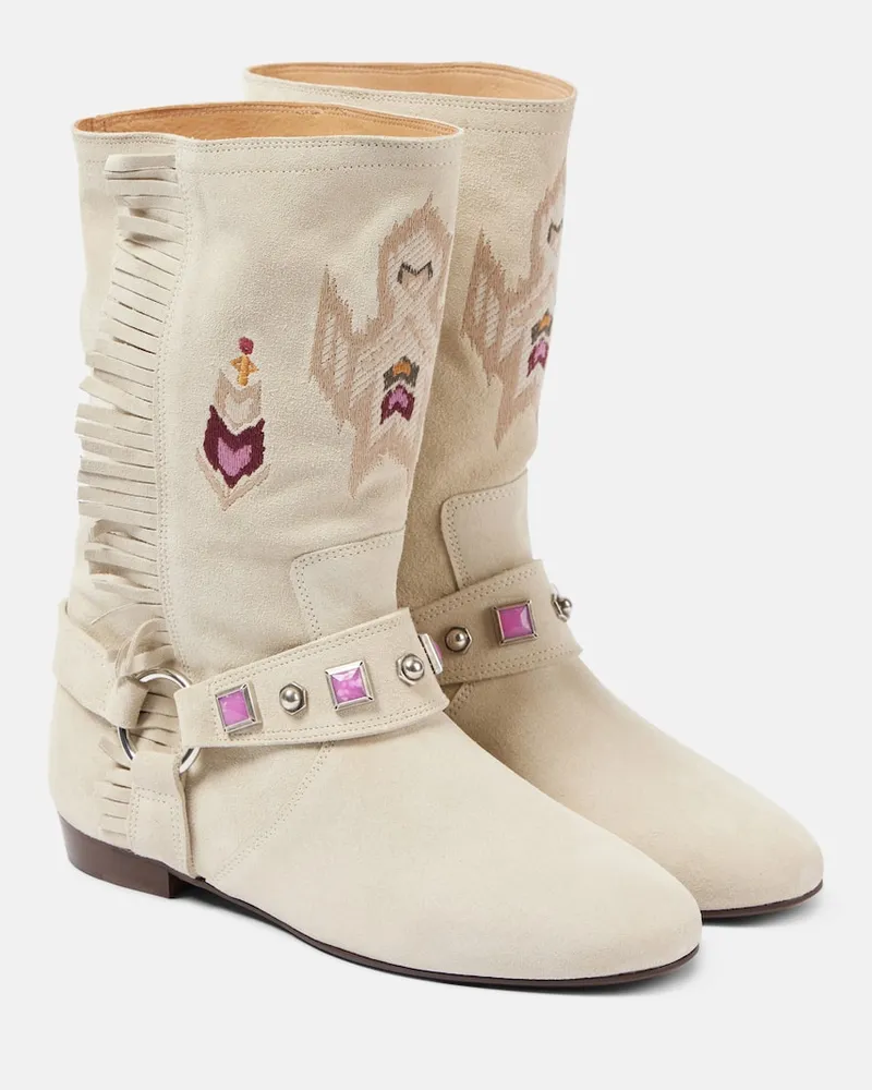 Isabel Marant Bestickte Ankle Boots Siani aus Veloursleder Weiß